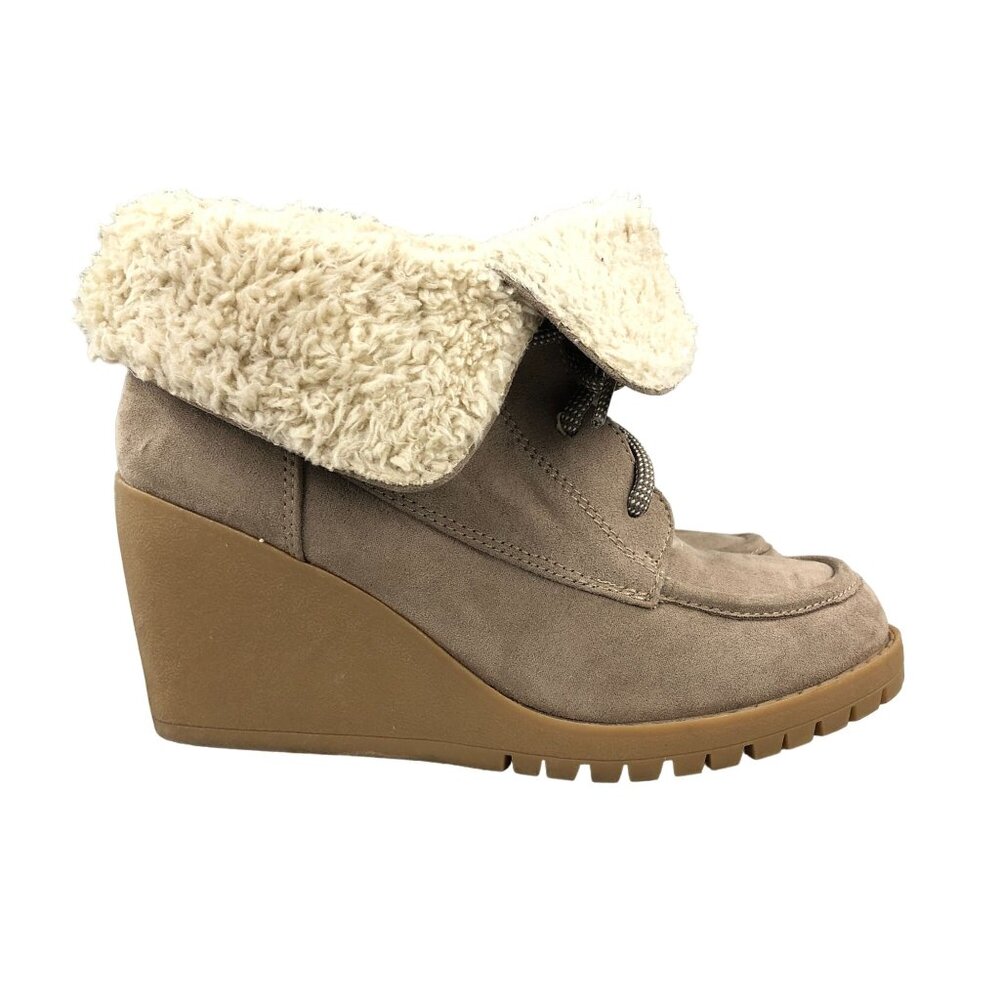 BKE Women's Size 6M Trench Sole Taupe Brown Textile Wedge Heel Ankle Booties